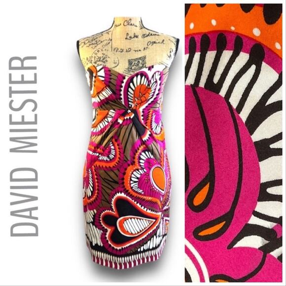DAVID MEISTER Staples Floral Cocktail Dress Pink Orange Black & Taupe Sz 6 - Picture 1 of 12